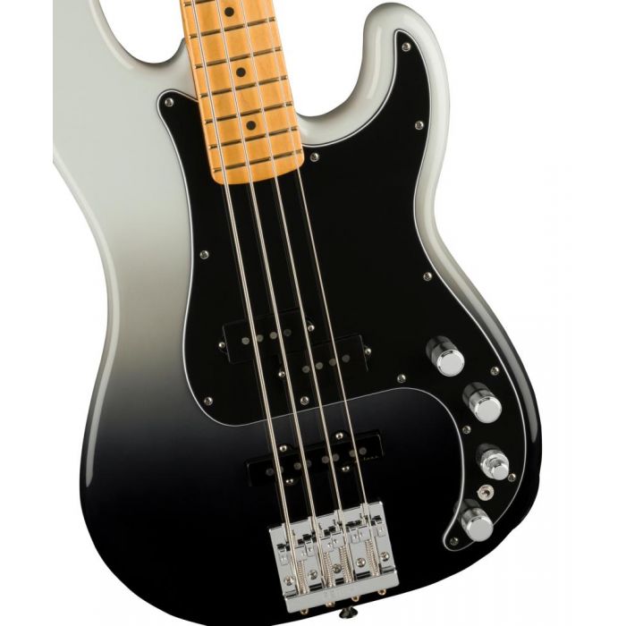 Fender Player Plus Precision Bass MN Silver Smoke, closeup of the body
