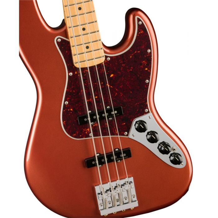 Fender Player Plus Jazz Bass MN Aged Candy Apple Red, closeup of the body