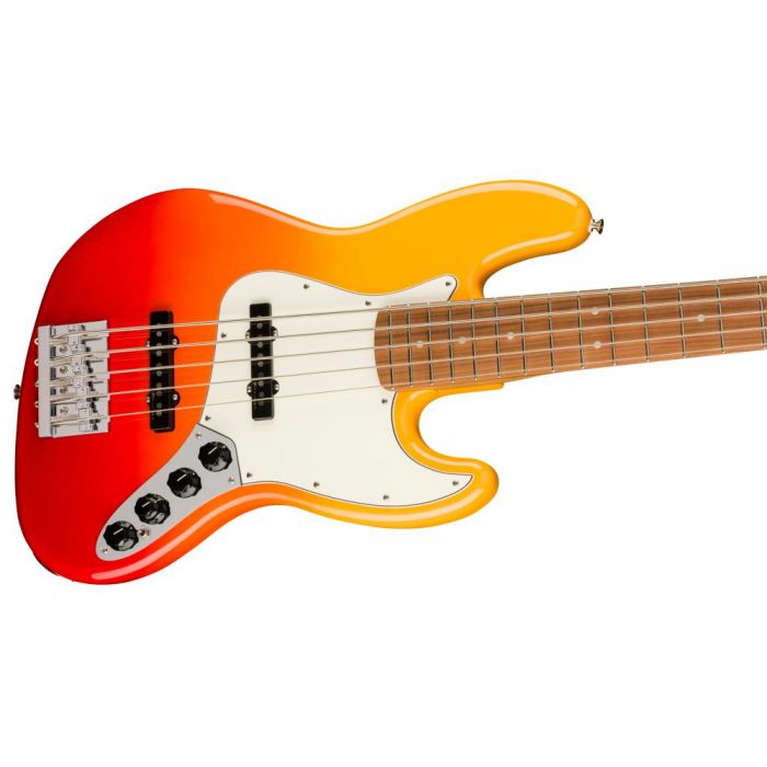 Fender Player Plus Jazz Bass V PF Tequila Sunrise, angled view of the body