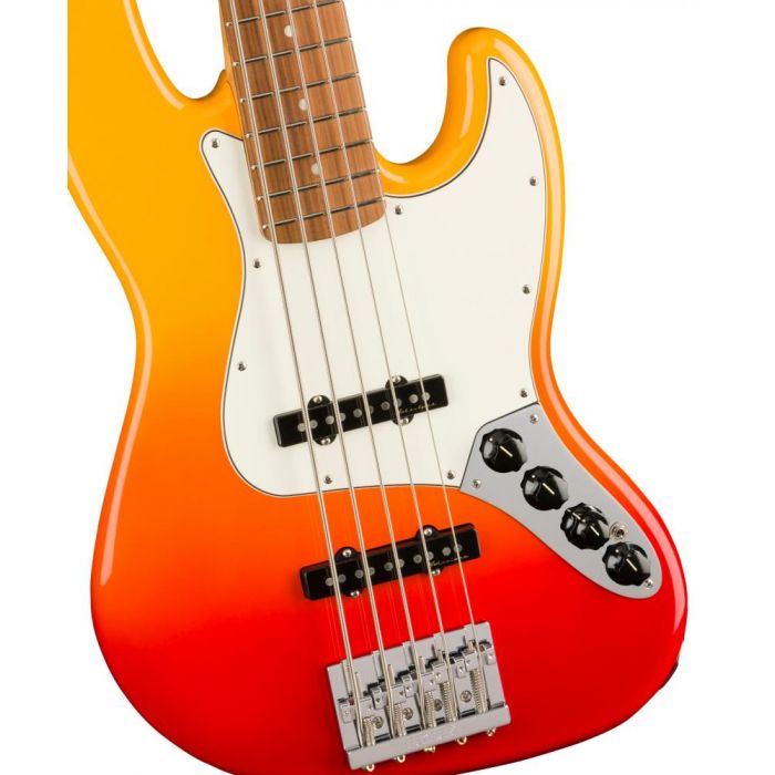 Fender Player Plus Jazz Bass V PF Tequila Sunrise, closeup of the body