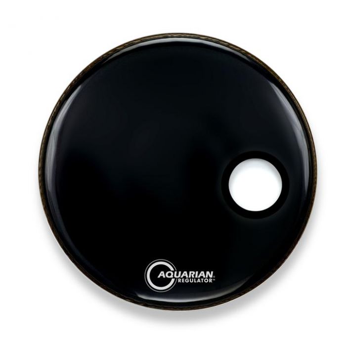 Front View of Aquarian 22" Regulator RSM Offset Hole Gloss Black Bass Drumhead
