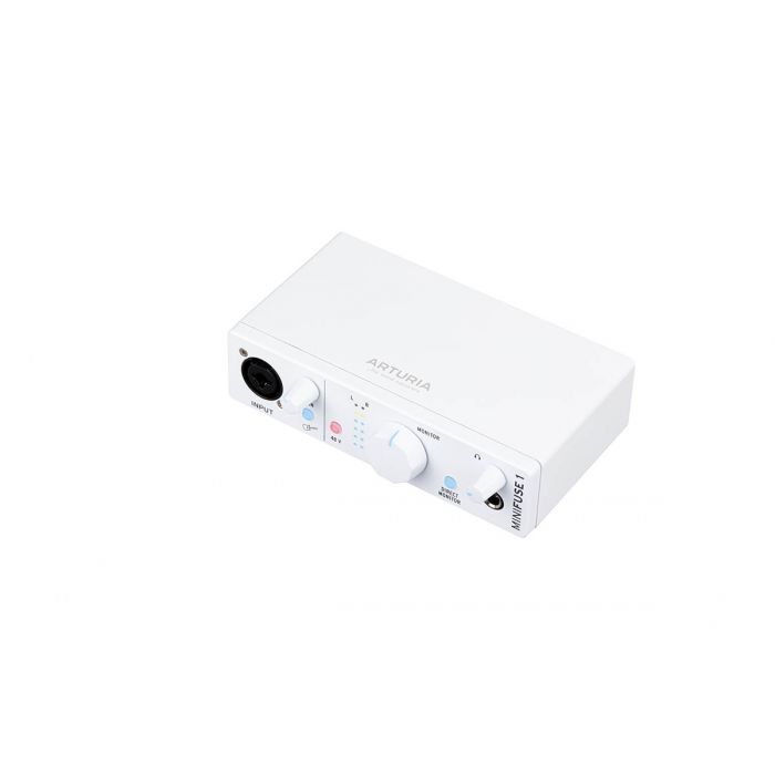 Angled view of the Arturia MiniFuse 1 USB Audio Interface White