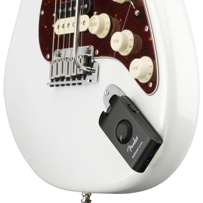 Fender Mustang Micro Headphone Guitar Amp plugged into Stratocaster