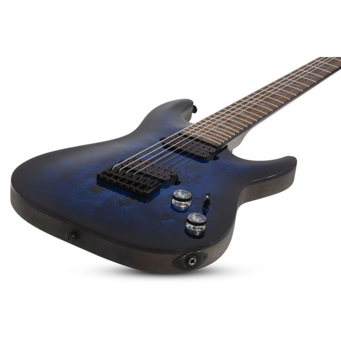 Schecter Omen Elite-7 7-String Guitar, See-Thru Blue Burst angled view