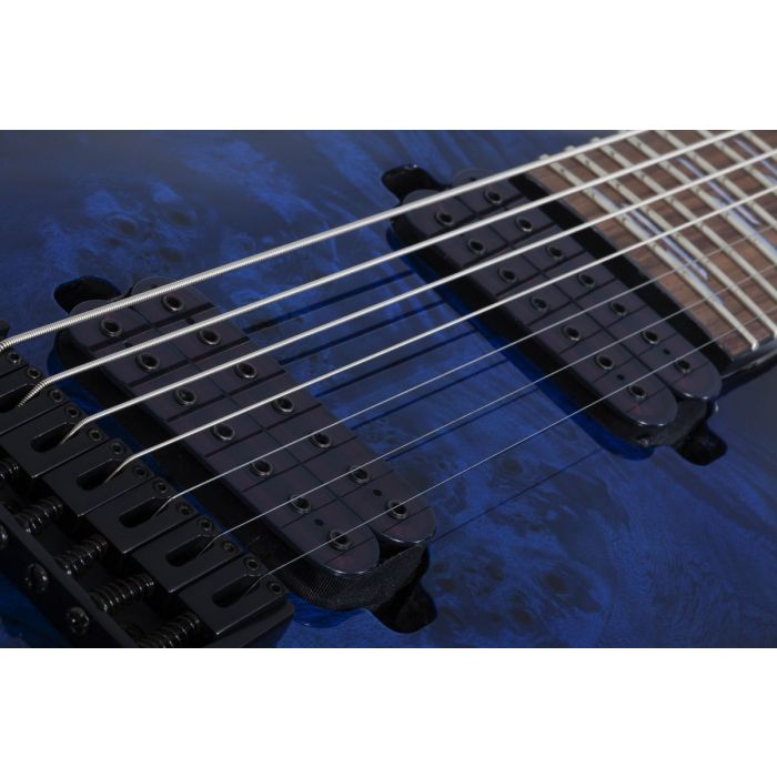 Schecter Omen Elite-7 7-String Guitar, See-Thru Blue Burst pickups closeup