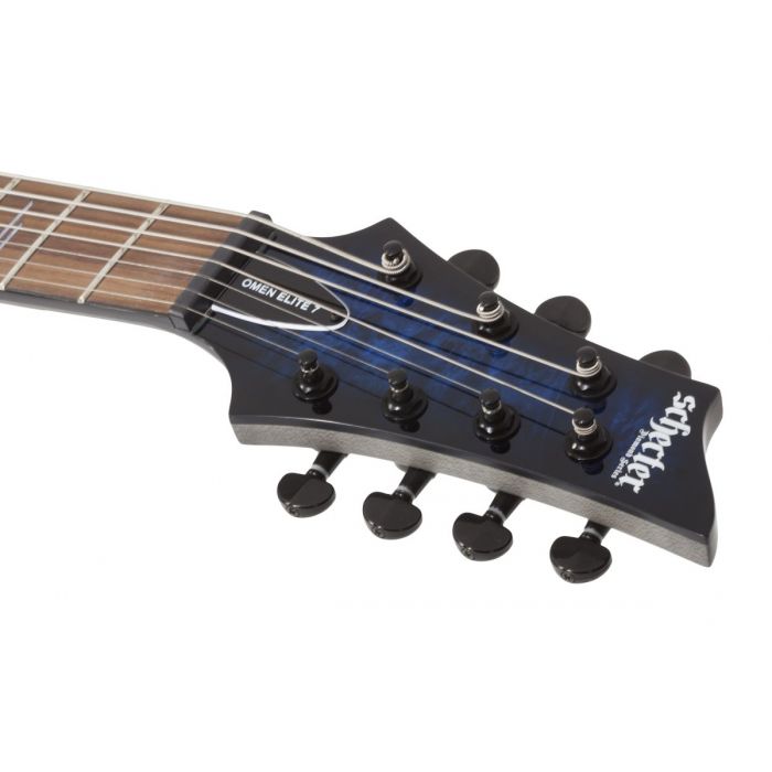 Schecter Omen Elite-7 7-String Guitar, See-Thru Blue Burst headstock closeup