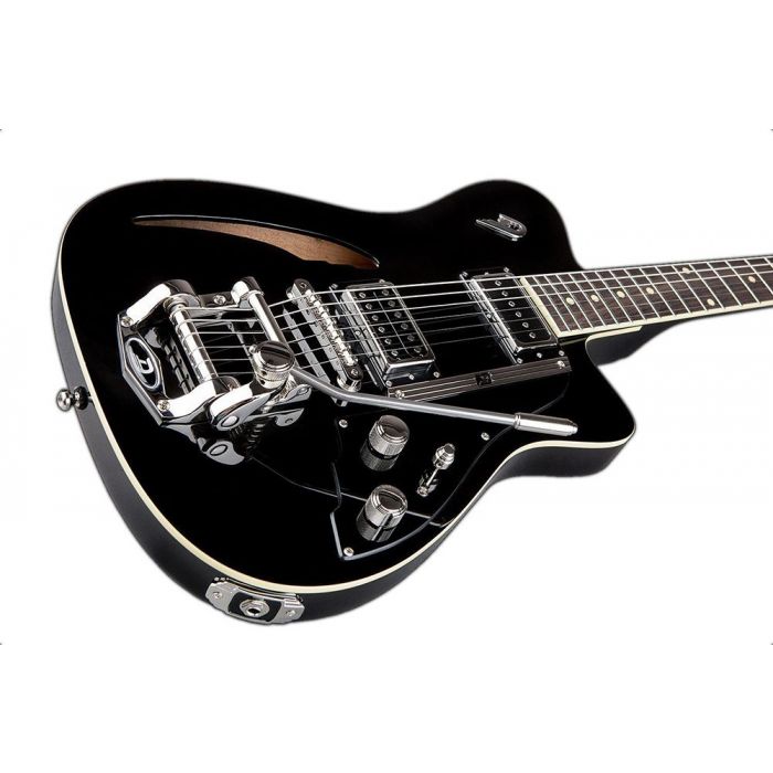 Duesenberg Caribou Tremolo Semi-Hollow Guitar, Black body closeup