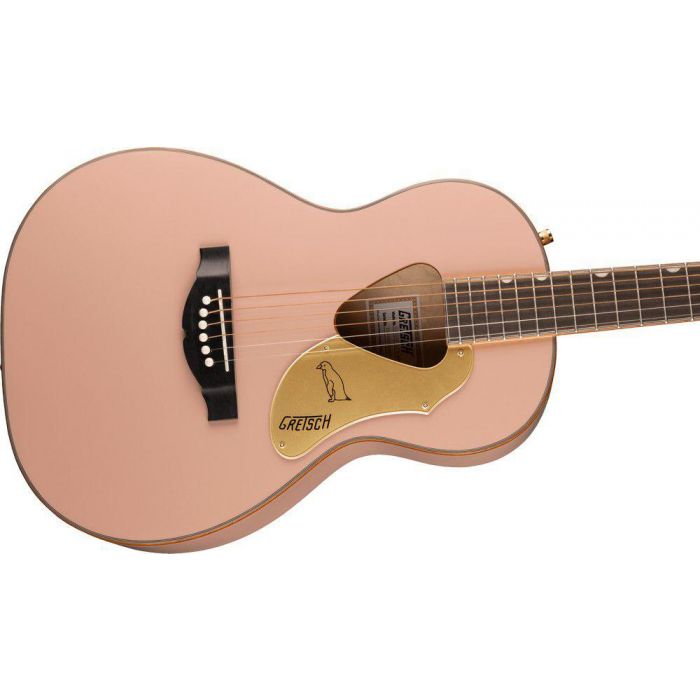 Gretsch G5021e Rancher Penguin Parlor Acoustic Electric Shell Pink, angled view