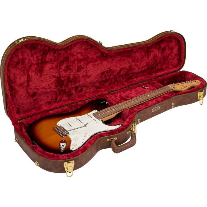 Fender Stratocaster / Telecaster Poodle Case Brown open with guitar