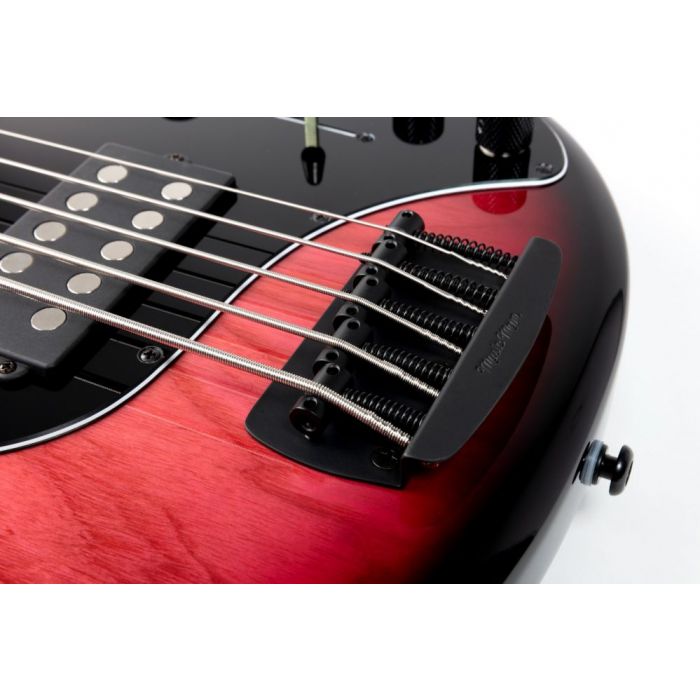 Music Man 2021 StingRay5 Special 5-String Bass, Raspberry Burst bridge closeup
