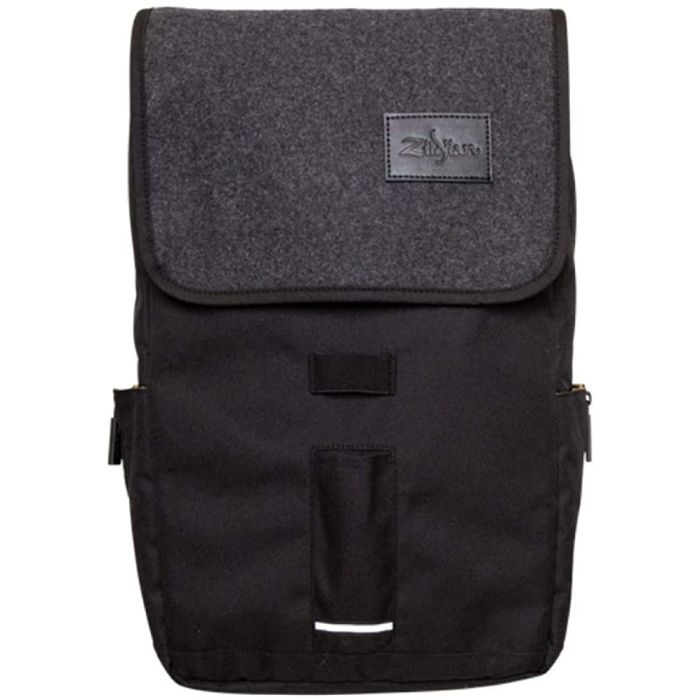 Front view of the Zildjian Gray Flap Black Laptop Backpack