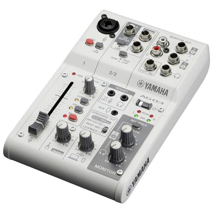 Angled view of the Yamaha AG03MK2 Live Streaming Mixer White