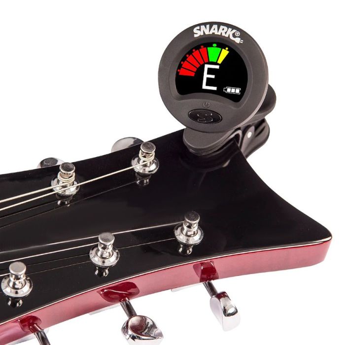 Snark SN-RE Rechargeable Clip-On Tuner, Black clipped to headstock