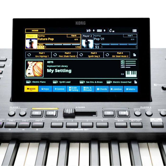Close up of the display on the Korg Pa5X-61 61 Note Arranger Workstation