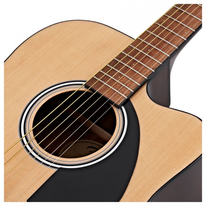 Close view of the rosette on the Fender FA-125CE Dreadnought Electro Acoustic WN, Natural