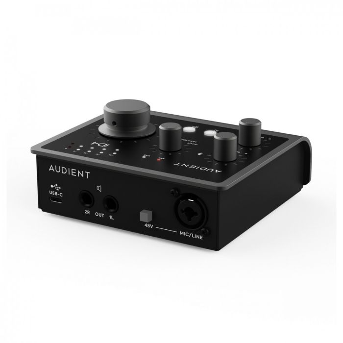 Angled view of the Audient iD4 MKII 2 Channel USB Audio Interface