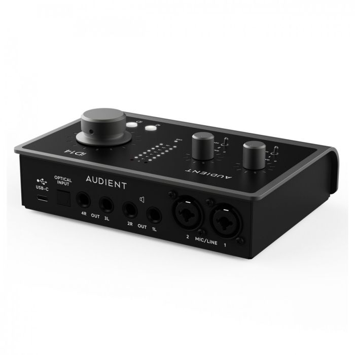 Angled top view of the Audient iD14 MKII 10-Channel USB Audio Interface