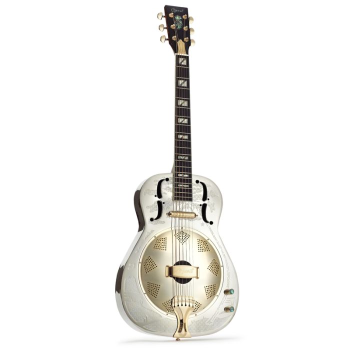 Overview of the Ozark Resonator Guitar Thin Metal Body With Pick Up Nickel/ Steel