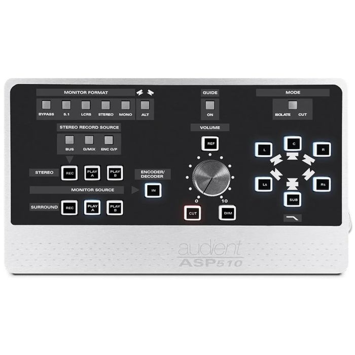 View of the remote with the Audient ASP510 Surround Sound Monitor Controller