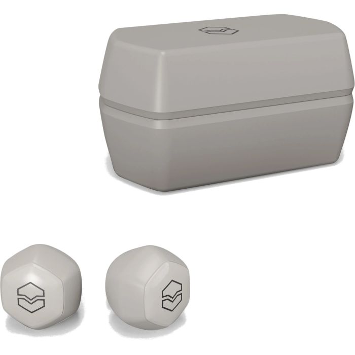 The V-Moda Hexamove True Wireless Earbuds, Sand White with the charging case