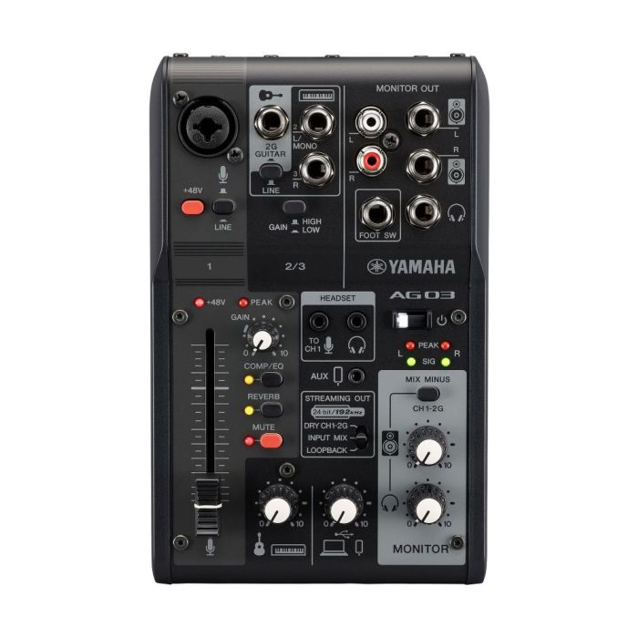 View of the AG03MK2 Mixer in the Yamaha AG03MK2 LSPK Live Streaming Pack, Black