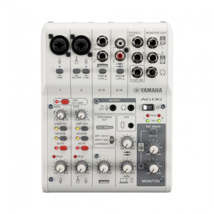 Overview of the Yamaha AG06MK2 6-Channel Mixer with USB Interface, White
