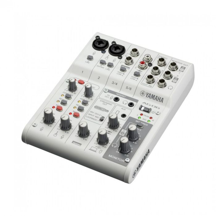 Angled view of the Yamaha AG06MK2 6-Channel Mixer with USB Interface, White