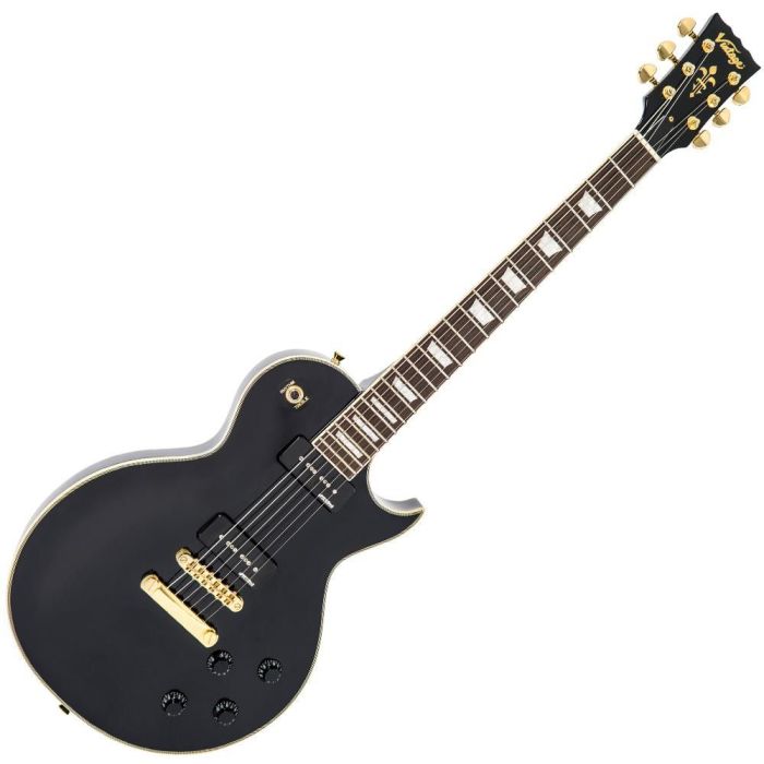 Vintage V100 Guitar 2w90 Gold Hardware Gloss Black, front view