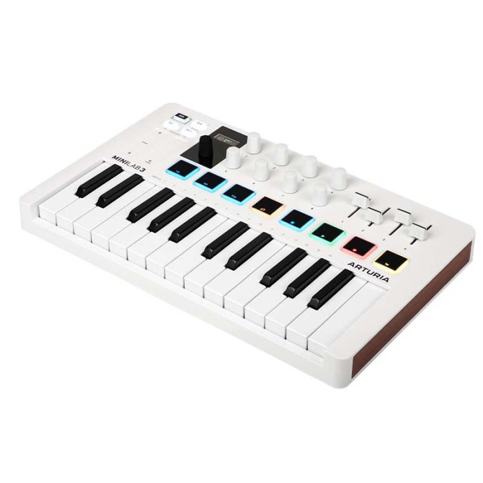 Front angled view of the Arturia MiniLAB MKIII 25 Key MIDI Keyboard, White