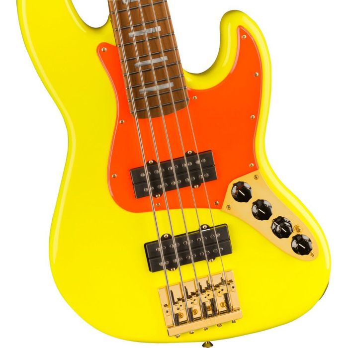 Fender MonoNeon Jazz Bass V, Neon Yellow body closeup
