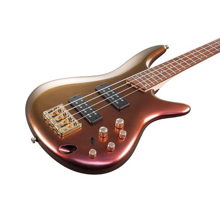 Ibanez SR300, 4 String Bass, Rose Gold Chameleon body closeup