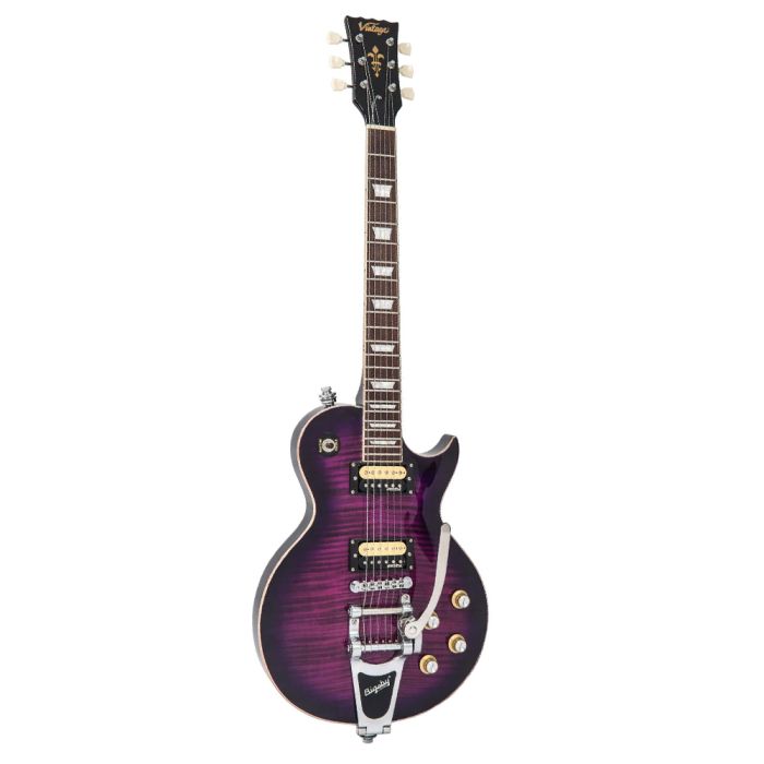 Vintage V100 Guitar Purple Flamed Maple With Bigsby front