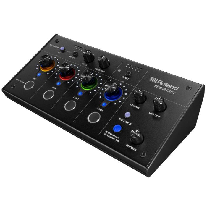 Side view of the Roland Bridge Cast Gaming Audio Mixer