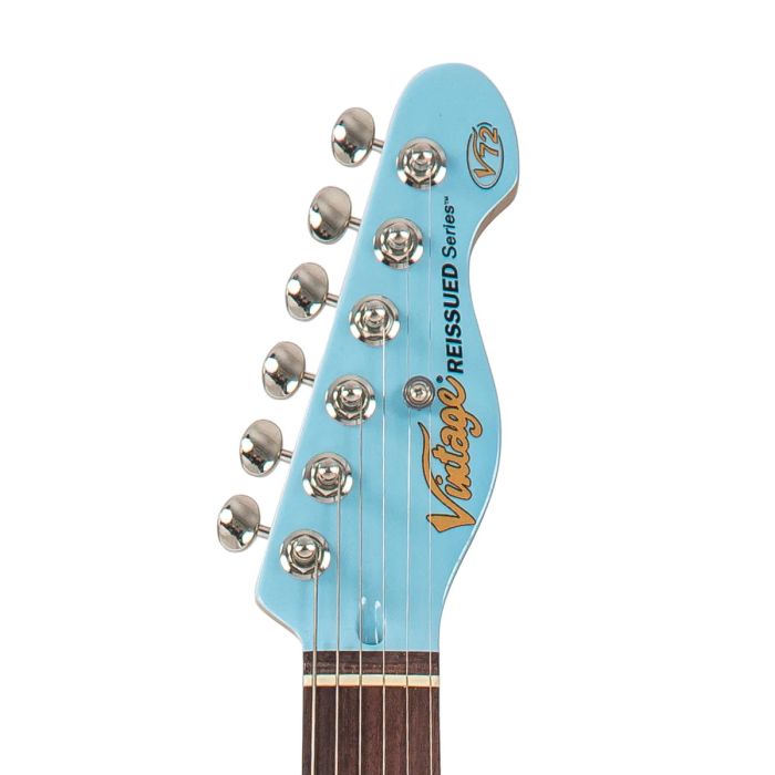 Vintage V72 Electric Guitar Laguna Blue front headstock