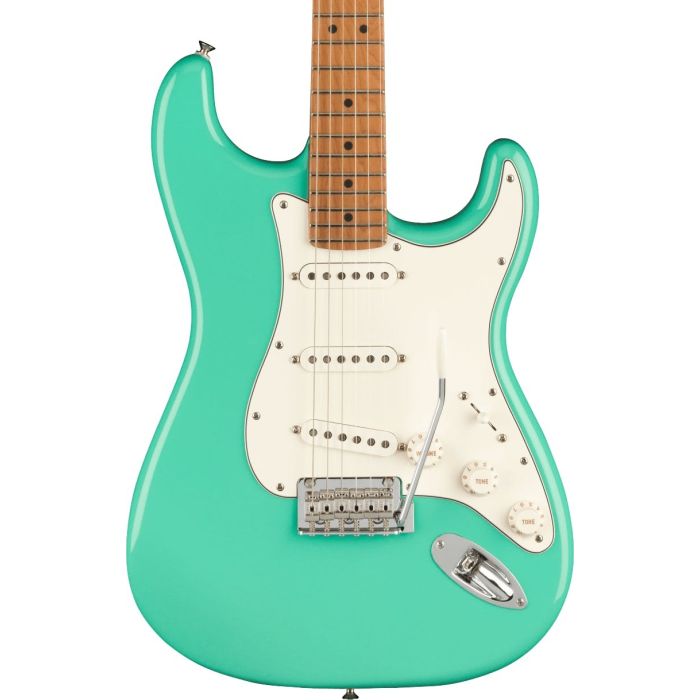 Body view of the Fender Limited Edition Player Stratocaster, Roasted Maple, Sea Foam Green