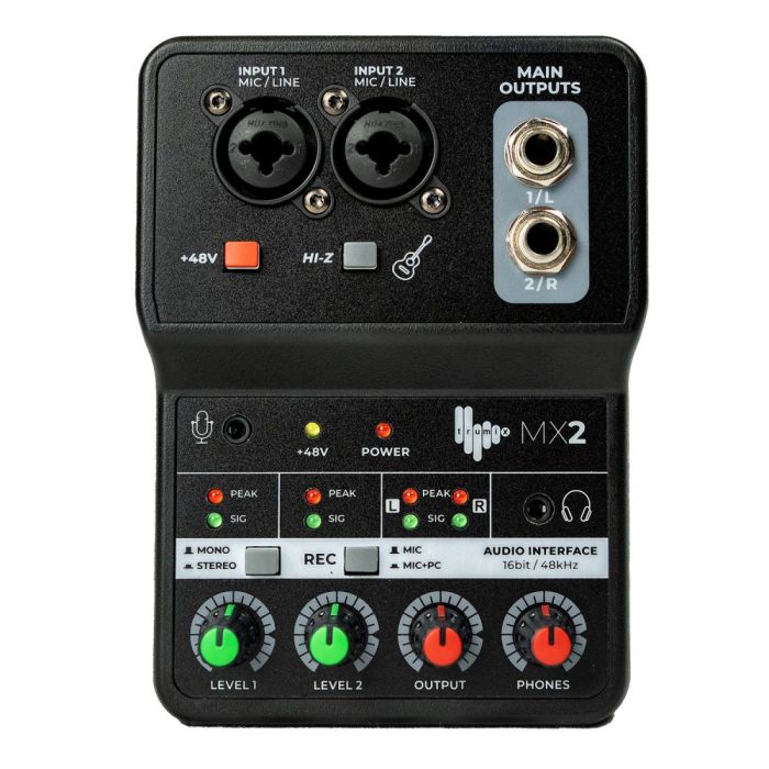 Front view of the Trumix MX2 2-Channel USB Mixer