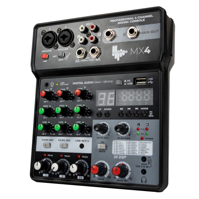 Angled view of the Trumix MX4 4-Channel USB Mixer