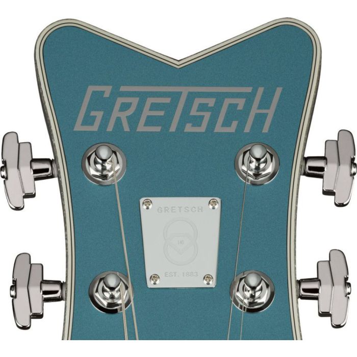 Gretsch G6136T-140 LTD 140th Dbl Platinum Falcon, Two-Tone Stone Platinum headstock closeup