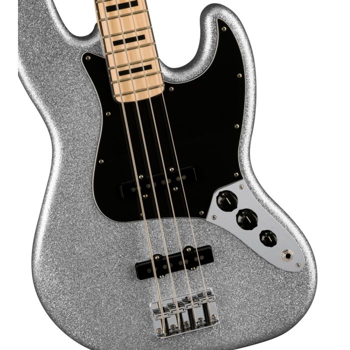 Fender Ltd Edition Mikey Way Jazz Bass MN, Silver Sparkle body closeup