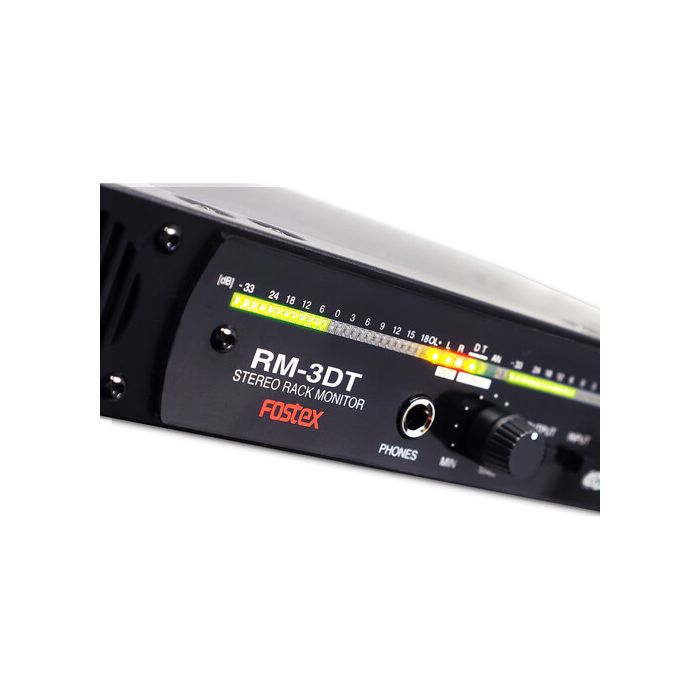 Fostex Rm3dt Stereo 1u Rackmount Speaker With Dante, angled closeup view