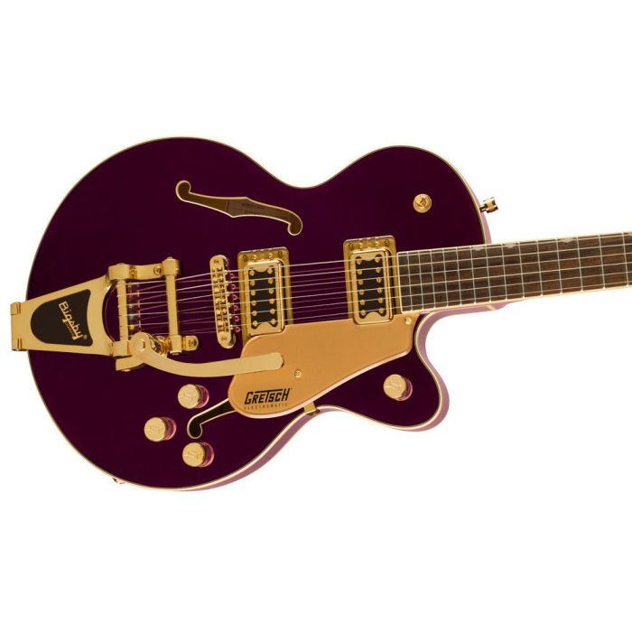 Gretsch G5655TG Electromatic Center Block Jr Single Cut w Bigsby and GHW IL Amethyst, angled closeup view