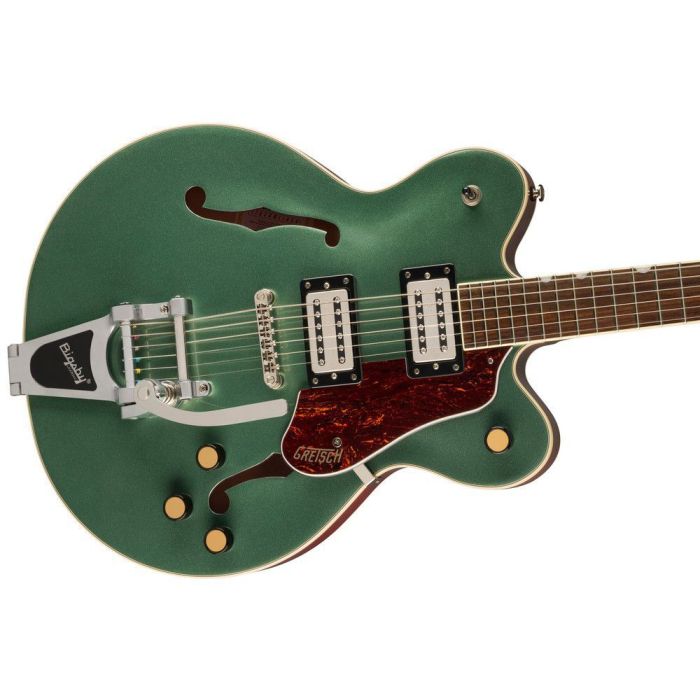 Gretsch G2622T Streamliner Center Block Double Cut w Bigsby IL BT Steel Olive, angled closeup view