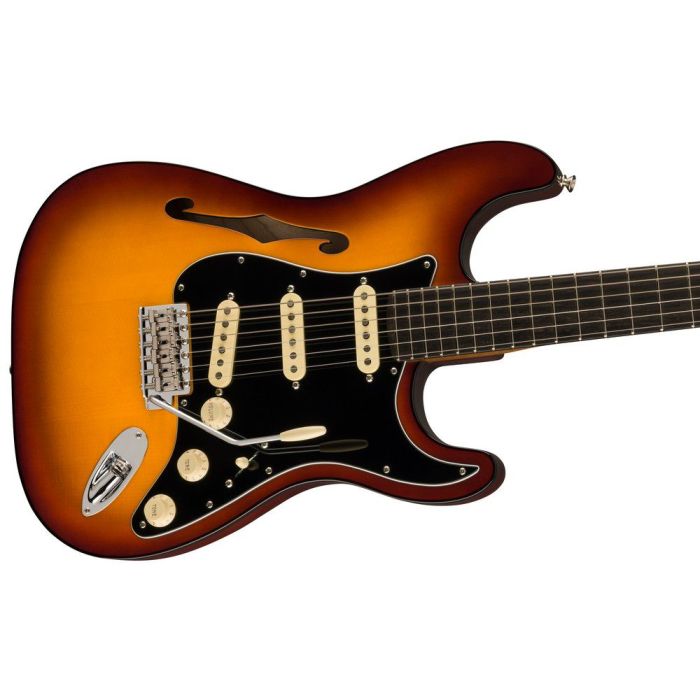 Fender Limited Edition Suona Stratocaster Thinline EB Violin Burst, angled body closeup