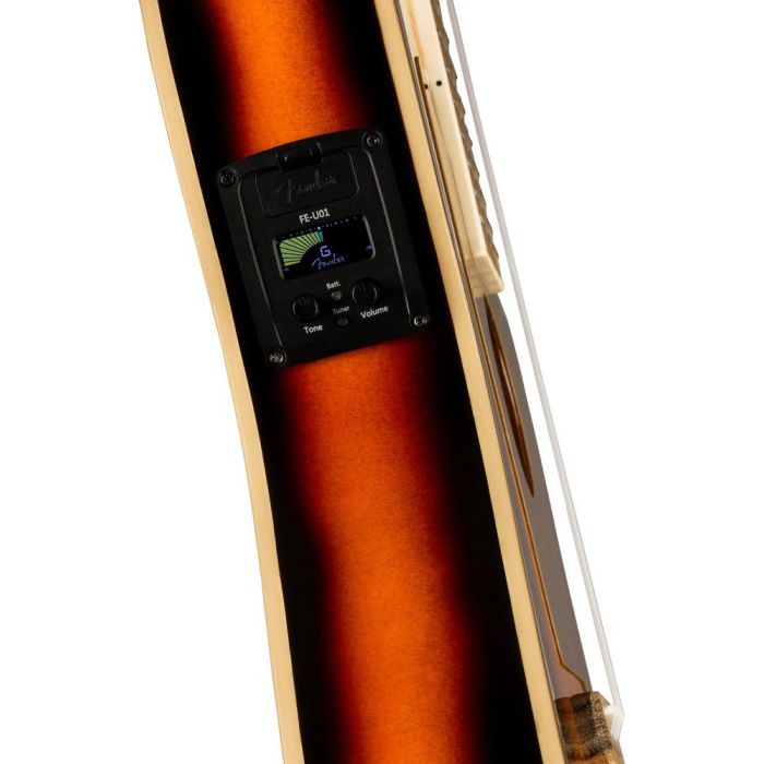 Fender Fullerton Jazzmaster Uke WN TSPG 3 Color Sunburst, electronics closeup