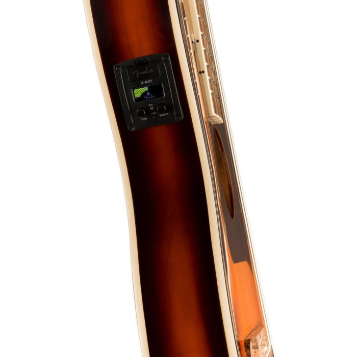 Fender Fullerton Precision Bass Uke WN TSPG 3 Color Sunburst, electronics closeup