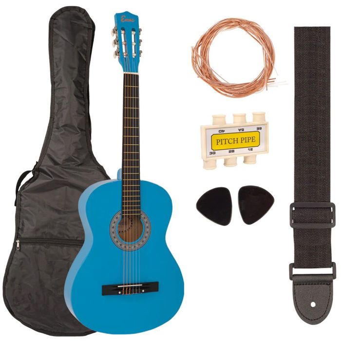 Encore Full Size Classic Guitar Starter Pack, Blue front view