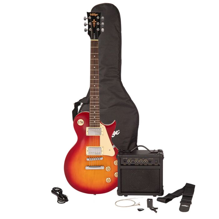 Vintage V10 Coaster Electric Guitar Starter Pack, Cherry Sunburst front view