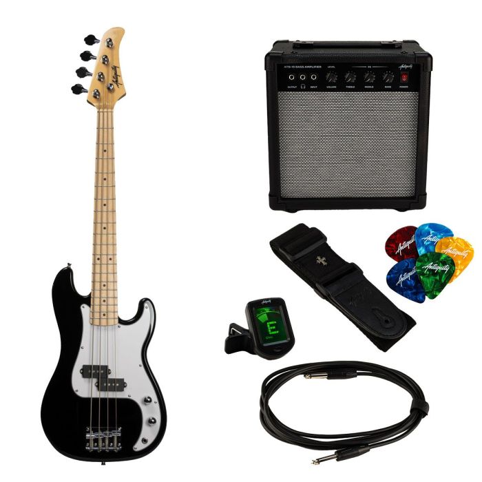 Antiquity PB Mini Bass Guitar Starter Package, Black front view