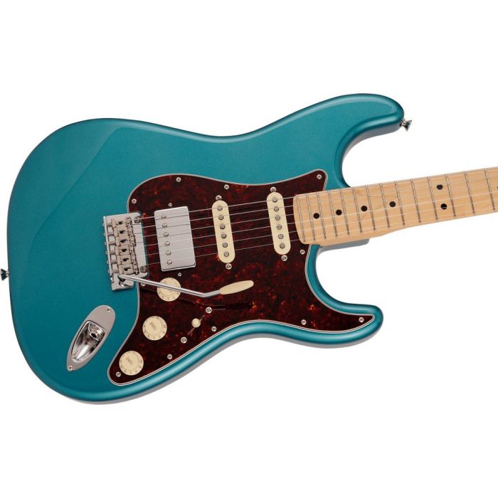 Fender MIJ Hybrid II Stratocaster HSS, Rev Tele Head, Ocean Turquoise Metallic angled view