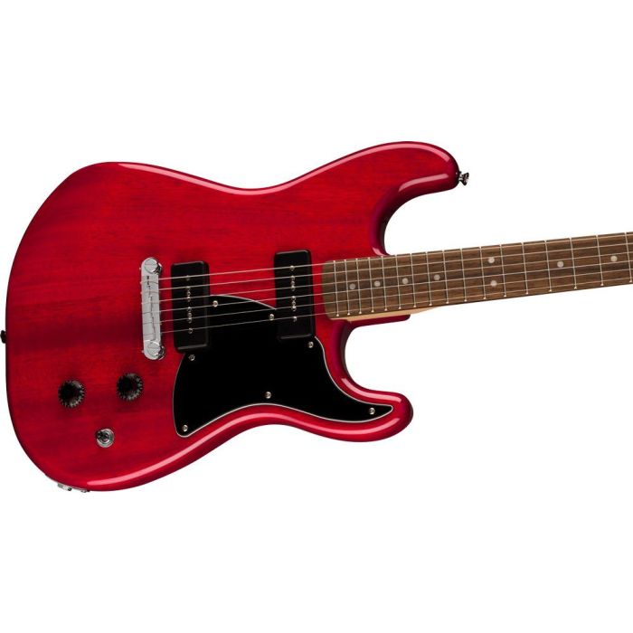 Squier Paranormal Stratosonic IL, Crimson Red Transparent angled view